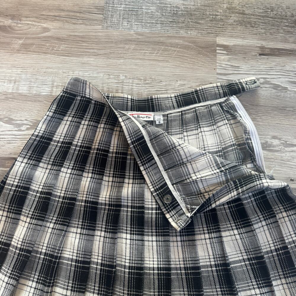 Vintage 90s Talbots Plaid Pleated Skirt Black White Made USA Preppy Academia 8 - Picture 2 of 7